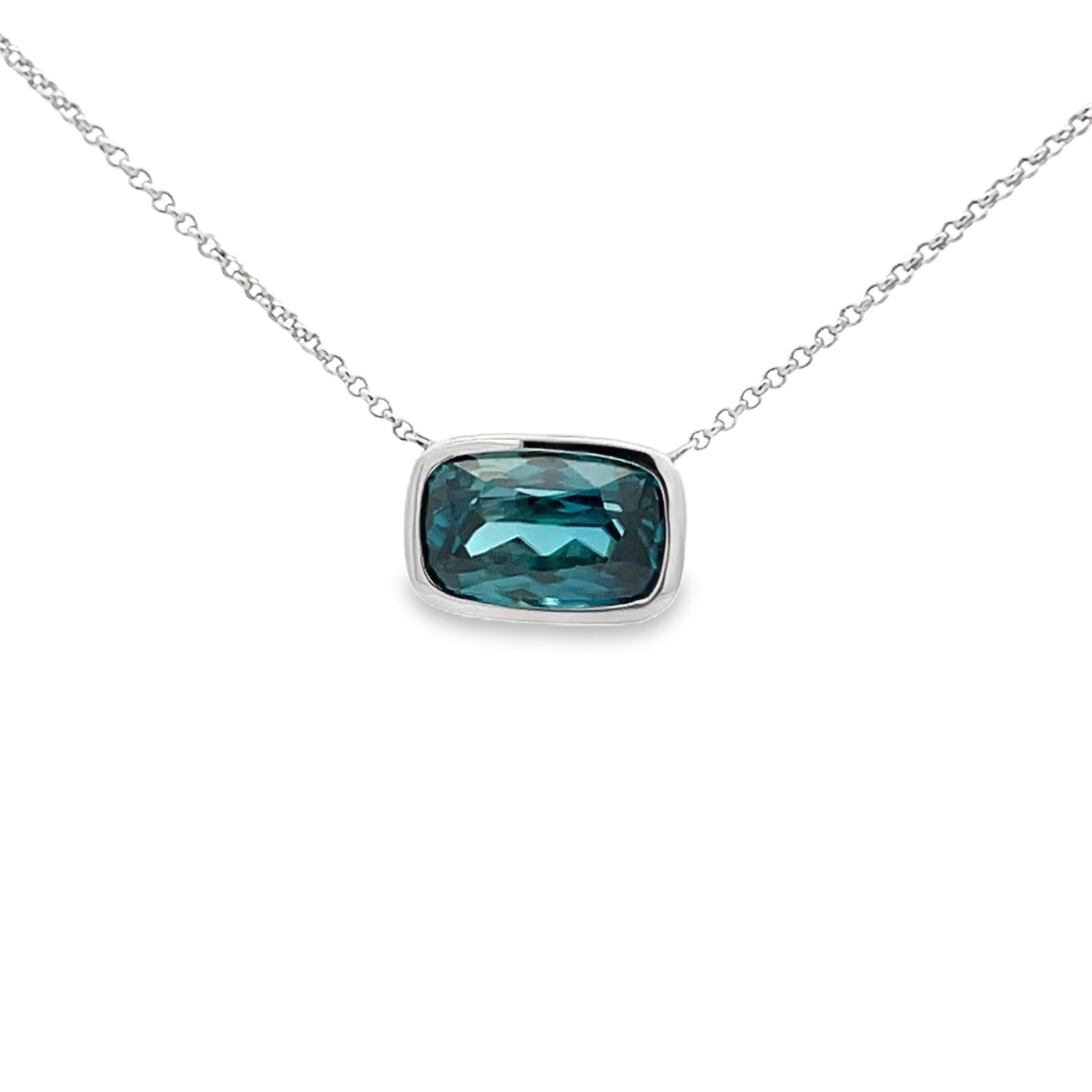 18k White Gold Elongated Cushion Cut Bezel Set Pendant and Chain (5.52ct.)