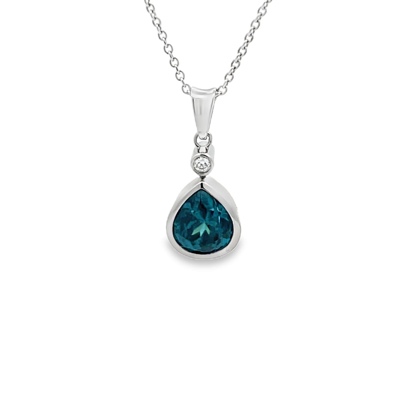 18k White Gold Pear Shape Blue Zircon and Round Diamond Bezel Set Pendant (3.43ct.)