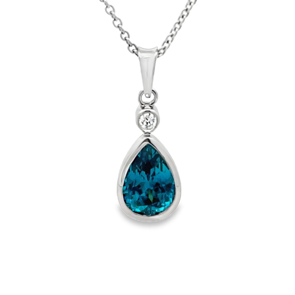 18k White Gold Pear Shape Blue Zircon and Round Diamond Bezel Set Pendant