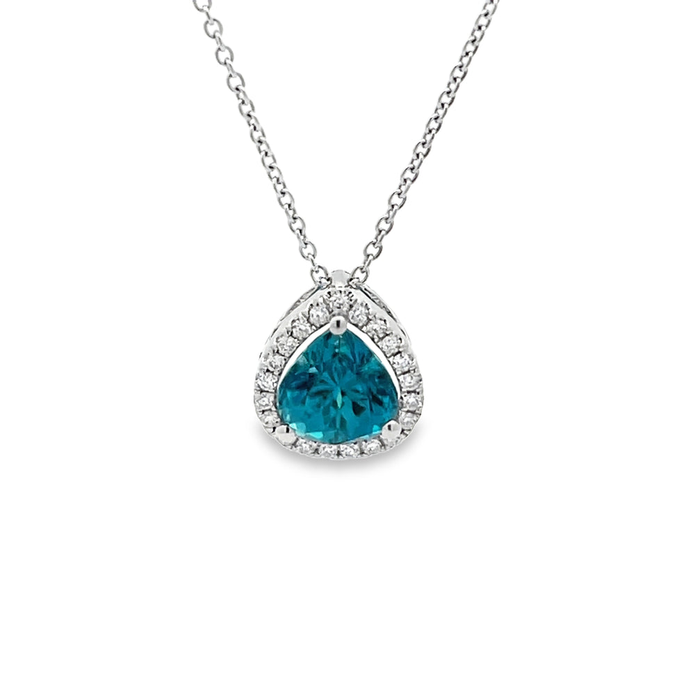 18k White Gold Pear Shape Blue Zircon and Round Diamond Prong Set Halo Pendant (2.81ct.)