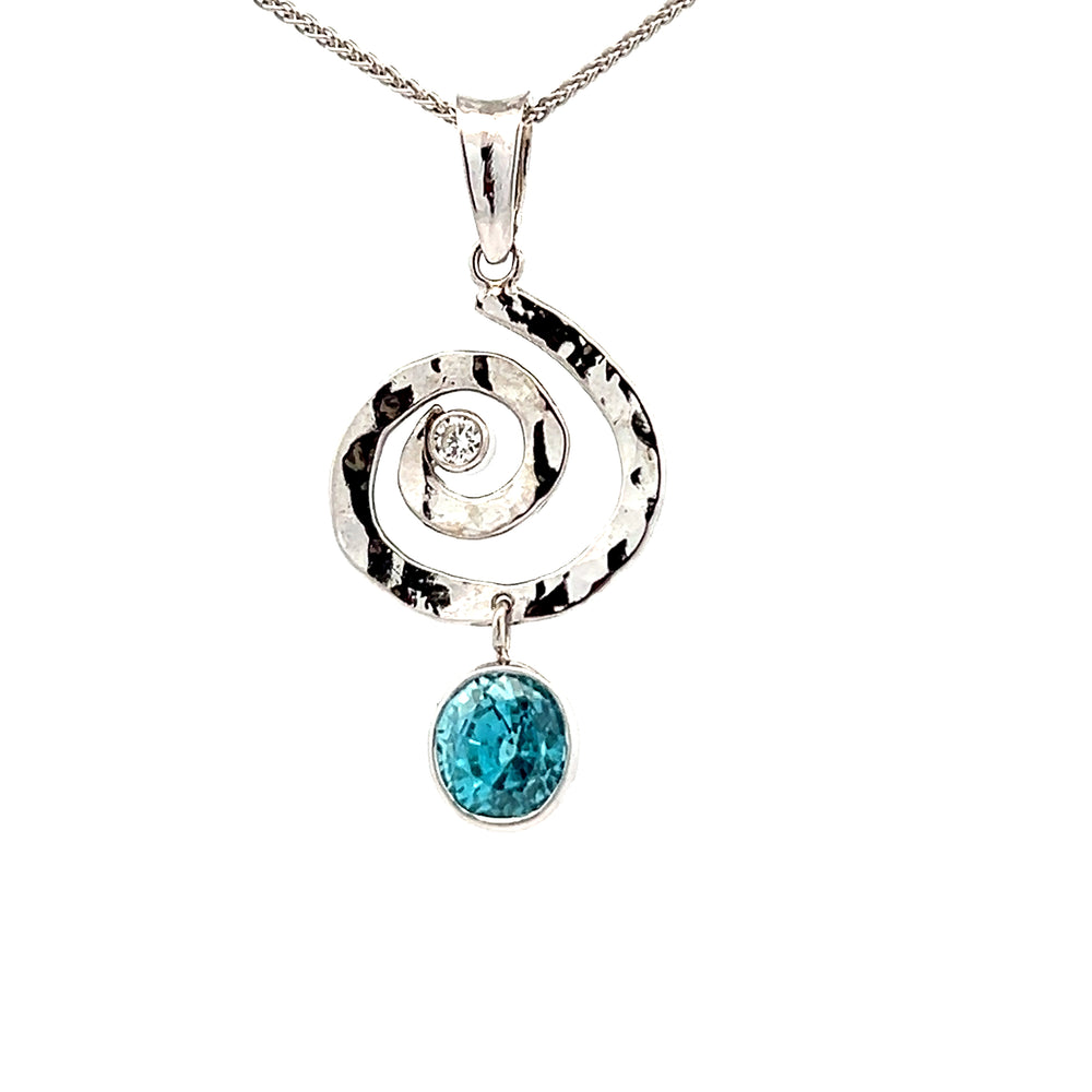 14k White Gold Oval Blue Zircon and Round Diamond Spiral Bezel Pendant by Paul Richter (2.87ct.)