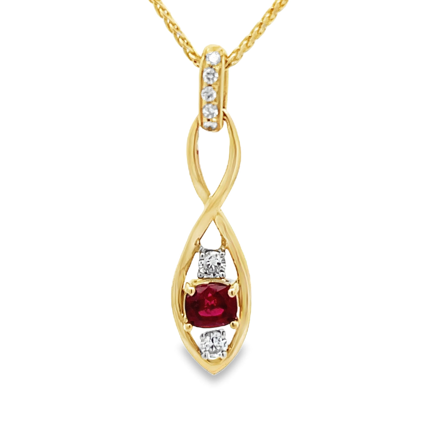 14k Yellow Gold Cushion Cut Ruby and Diamond Prong Set Infinity Pendant (0.64ct.)