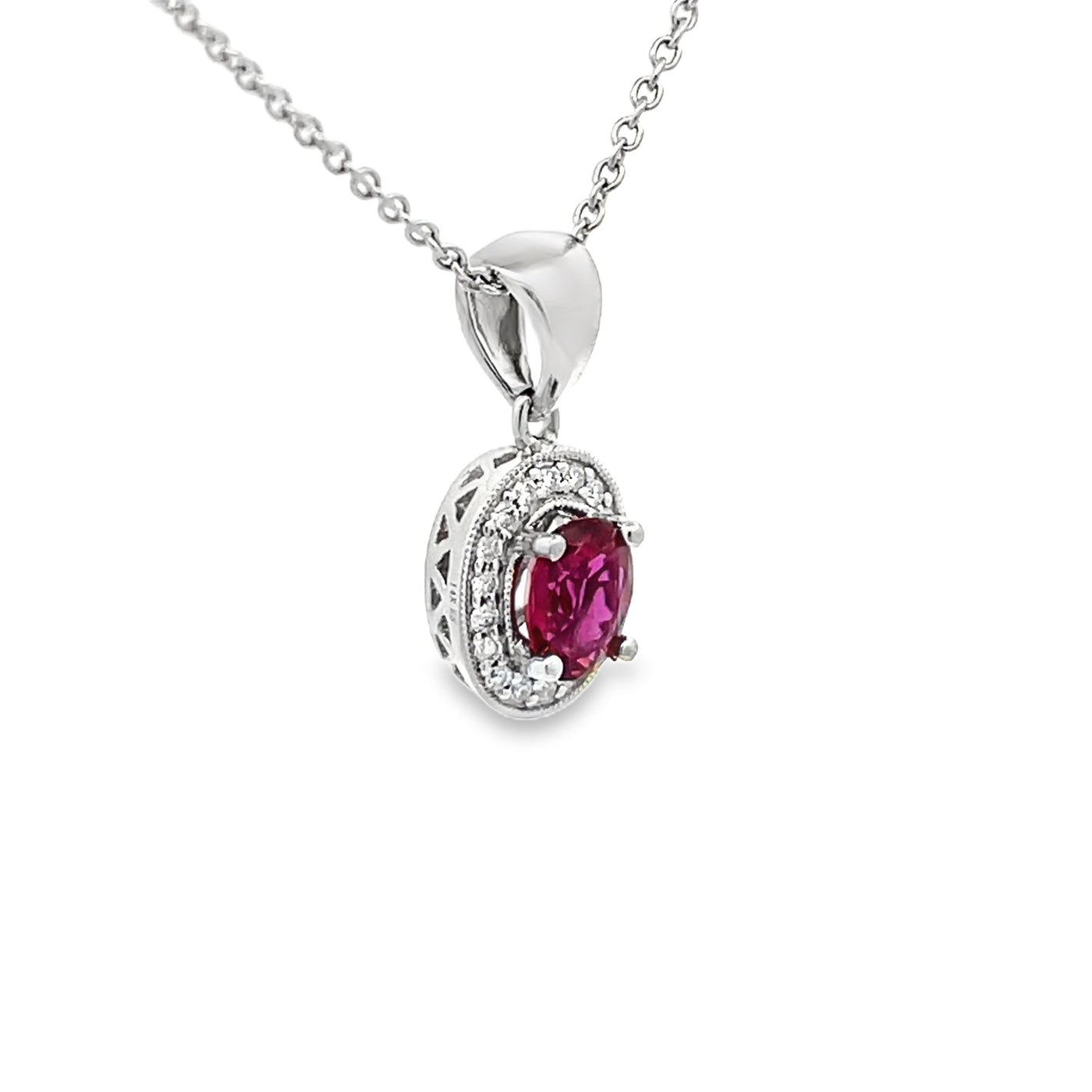 14k White Gold Oval Ruby and Round Diamond Prong Set Halo Pendant (0.82ct.)