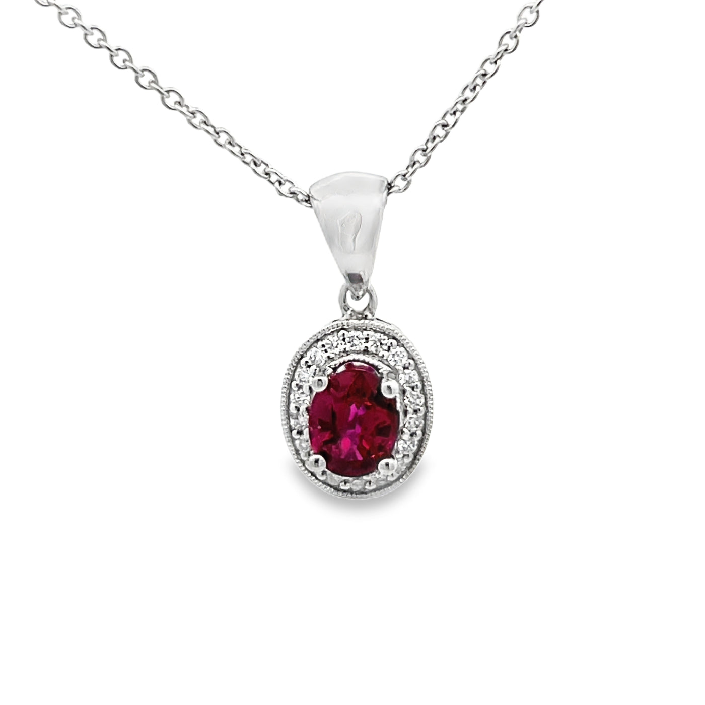 14k White Gold Oval Ruby and Round Diamond Prong Set Halo Pendant (0.82ct.)