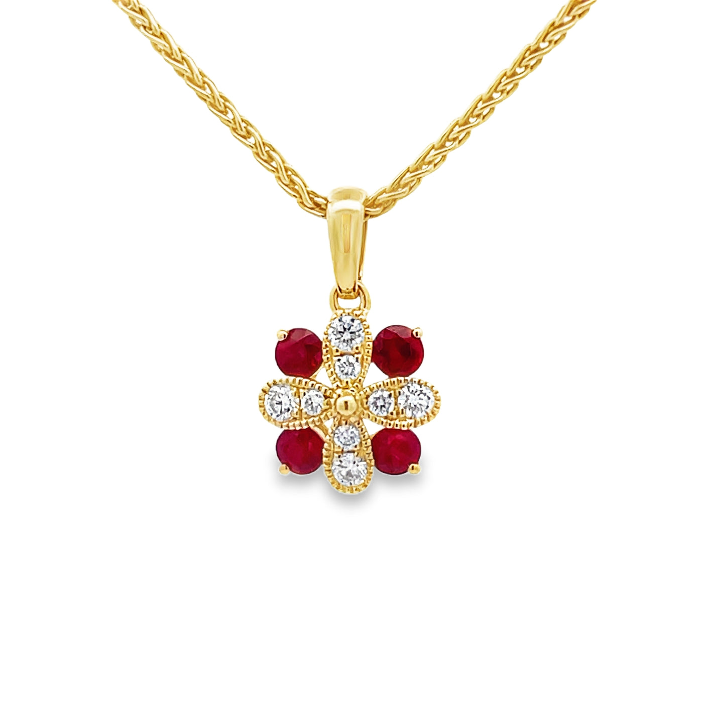 14k Yellow Gold Round Ruby and Diamond Flower Pendant (0.30ctw)
