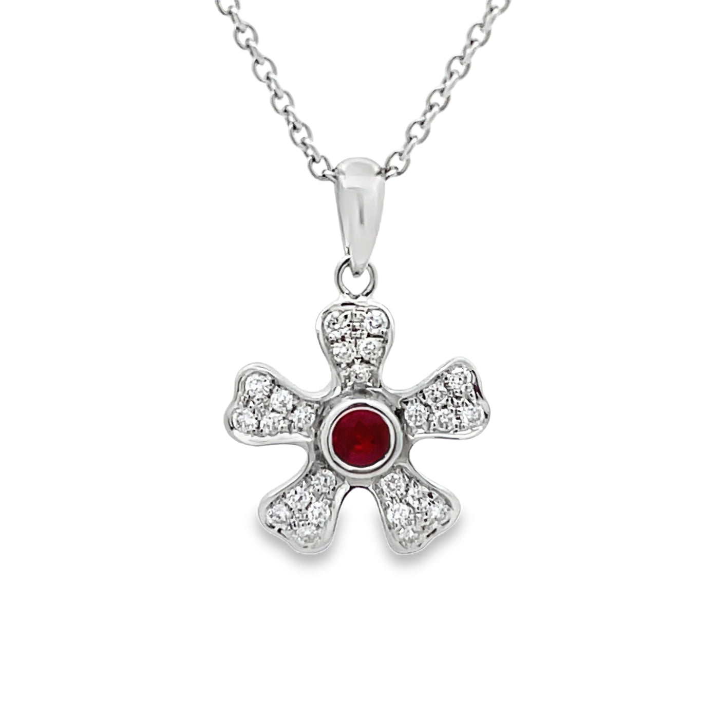 14k White Gold Round Ruby and Diamond Flower Pendant (0.12ct.)