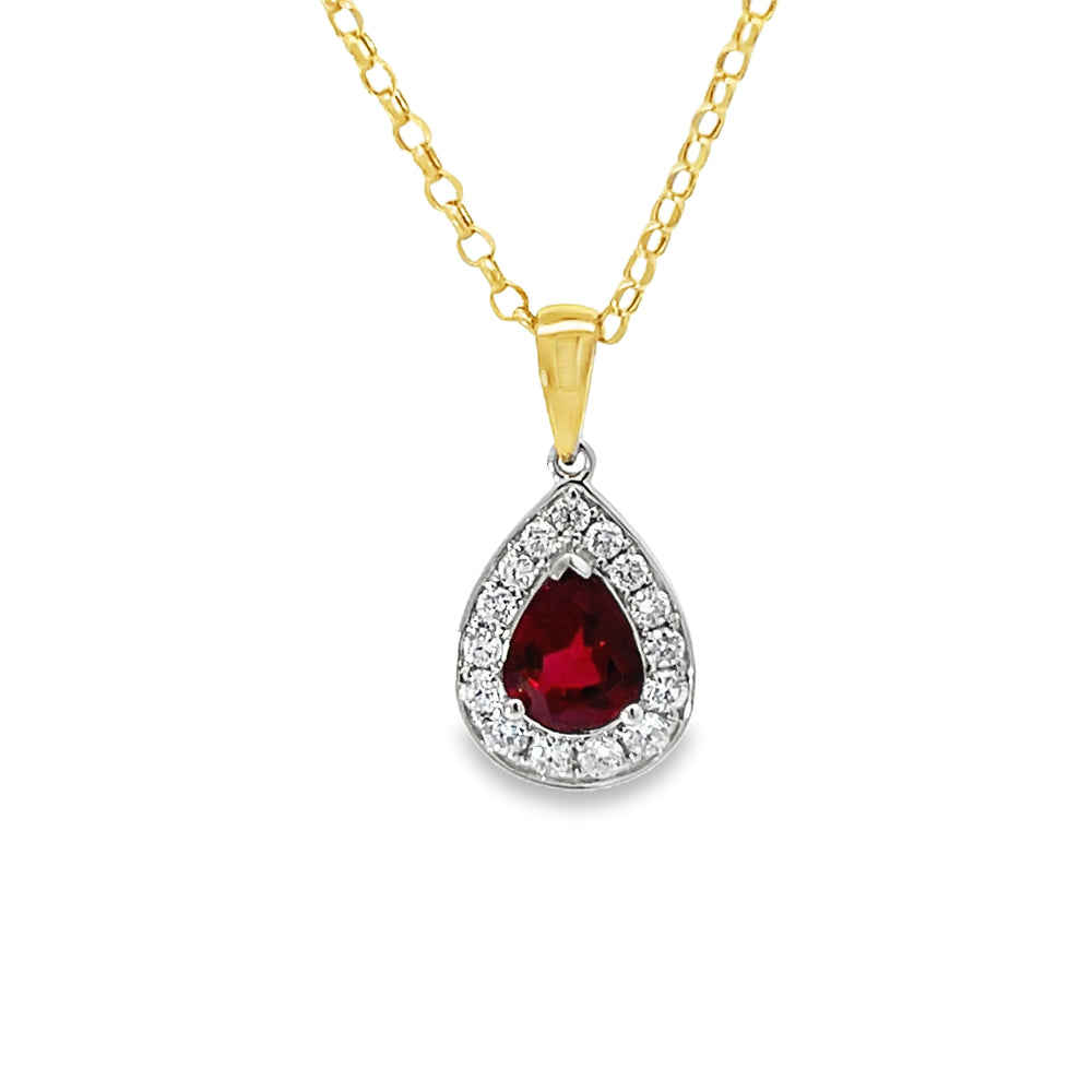 18k Two Tone Pear Shape Ruby and Round Diamond Halo Pendant and Chain (0.81ct.)
