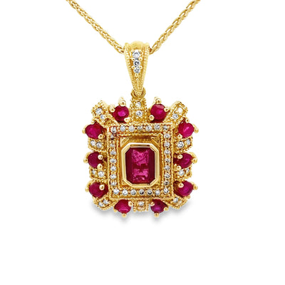 Estate 14k Yellow Gold Round Ruby and Diamond Vintage Inspired Pendant (1.70ctw.)