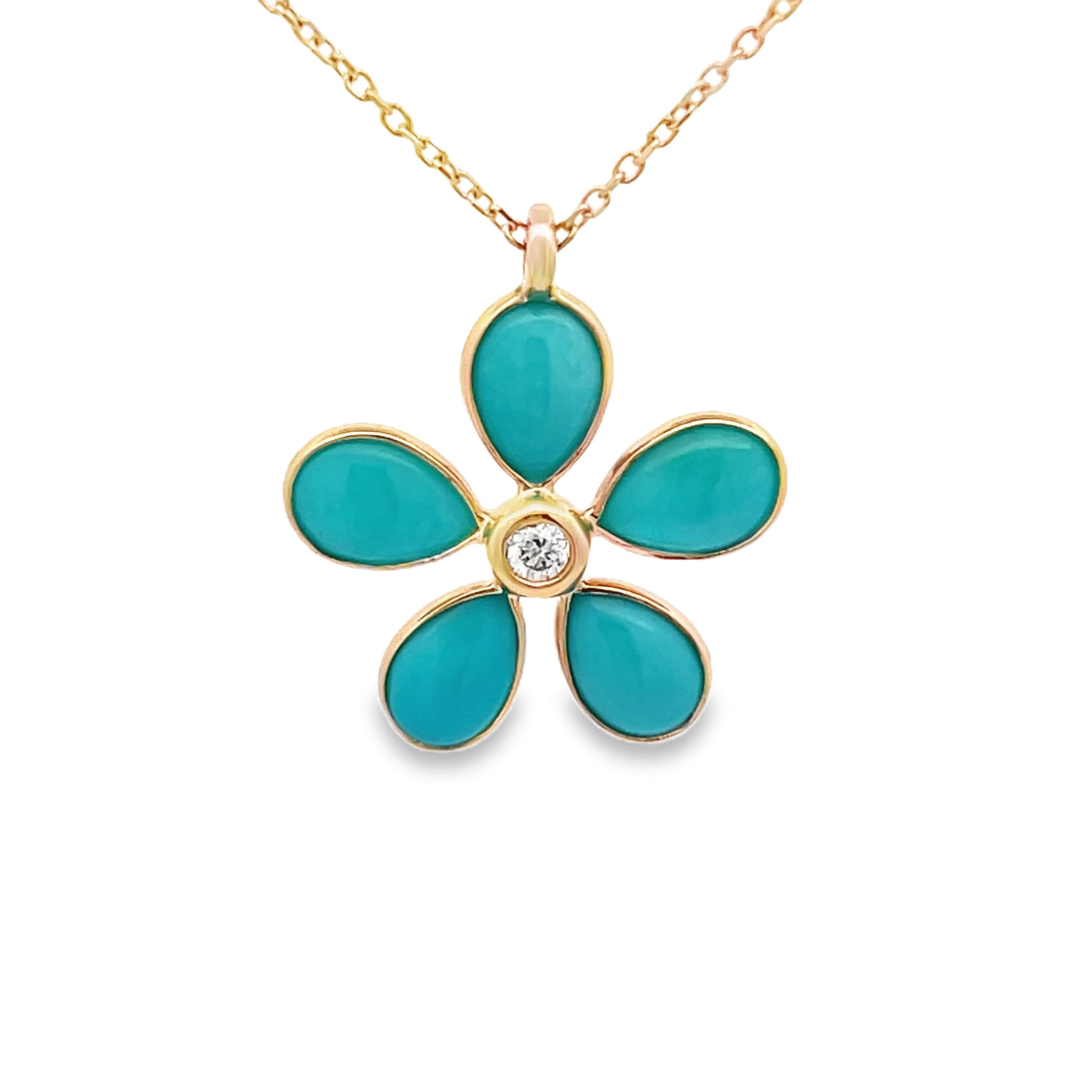 14k Yellow Gold Pear Shape Turquoise and Round Diamond Bezel Set Flower Pendant (7x5mm)