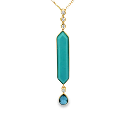 14k Yellow Gold Turquoise, Diamond and Blue Topaz Bezel Set Pendant (30x6mm)