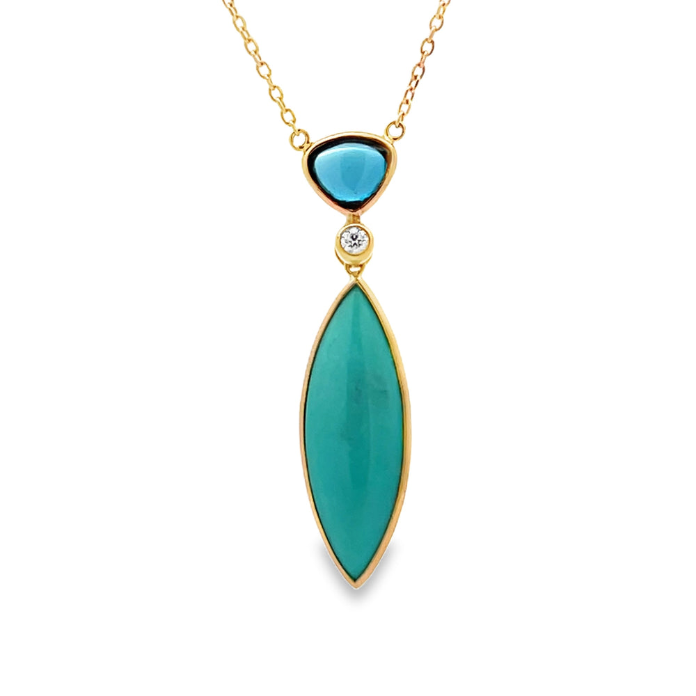 14k Yellow Gold Briolette Turquoise and Blue Topaz Bezel Set Pendant