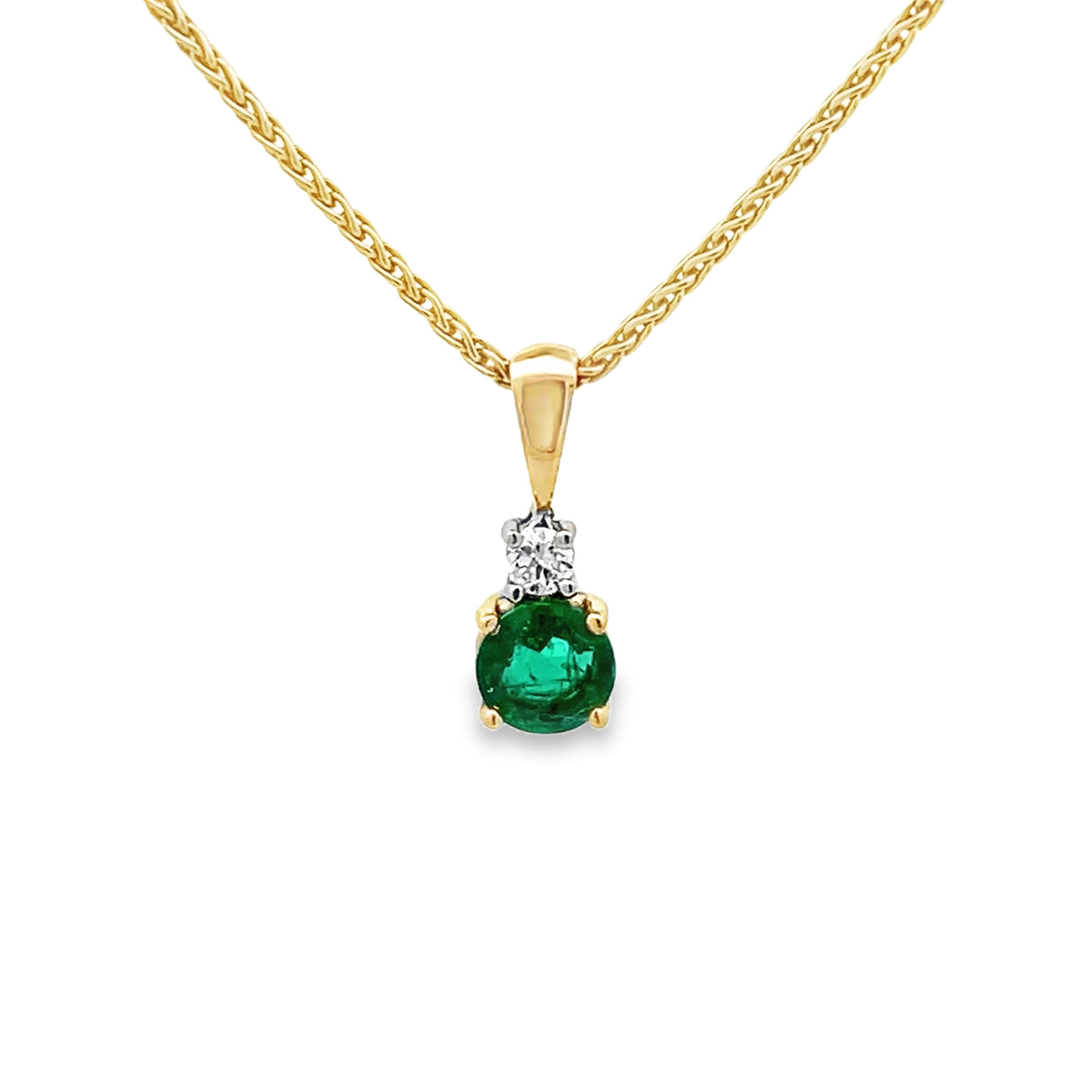 14k Yellow Gold Round Emerald and Diamond Prong Set Pendant (0.46ct.)