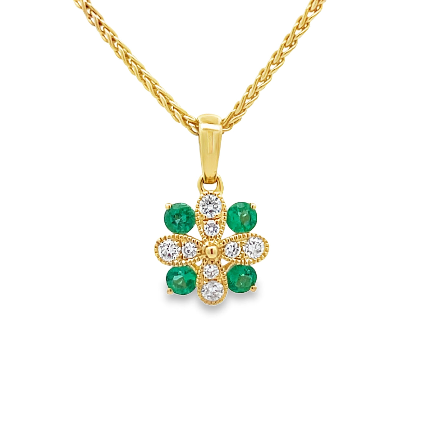 14k Yellow Gold Round Emerald and Diamond Flower Pendant (0.22ctw.)