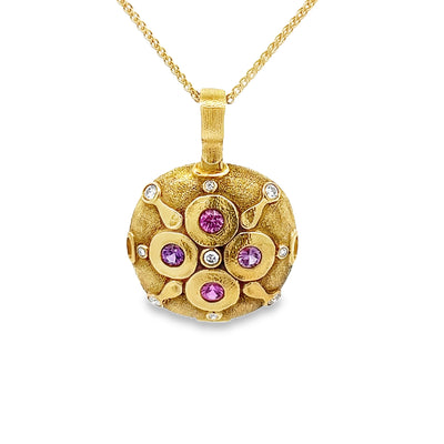 Estate Alex Sepkus 18k Yellow Gold Round Pink Sapphire and Diamond Pendant (0.40ctw.)