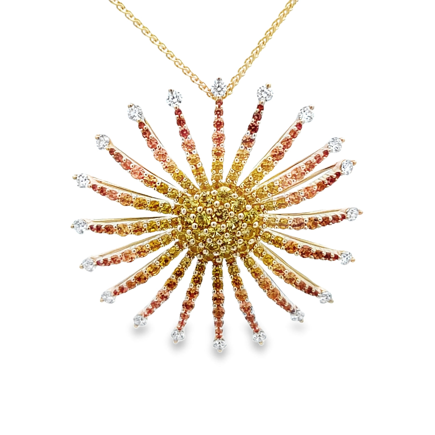 14k Yellow Gold Round Multicolor Sapphire and Diamond Sunburst Pendant (2.45ctw.)