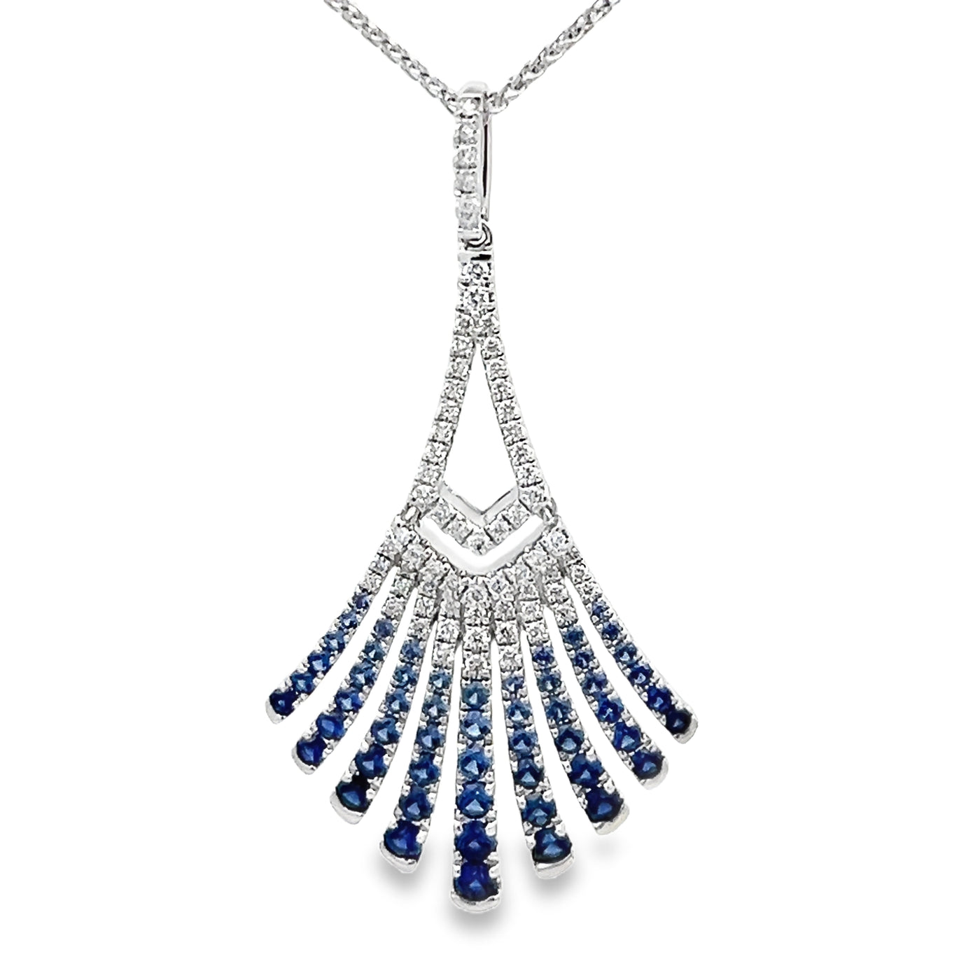 14k White Gold Round Sapphire and Diamond Art Deco Drop Pendant (0.96ctw.)