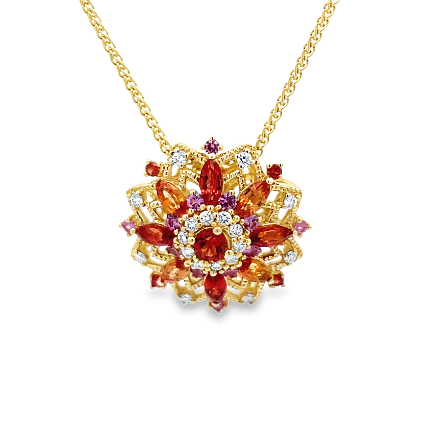 14k Yellow Gold Round Multicolor Sapphire and Diamond Floral Triple Halo Pendant (1.08ctw.)