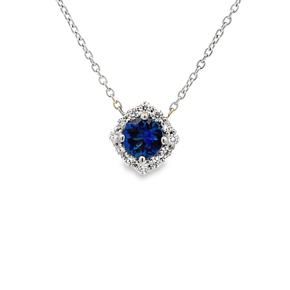 14k White Gold Round Sapphire and Diamond Halo Pendant (0.72ct.)