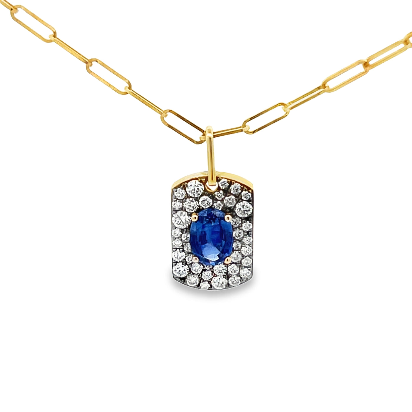 14k Yellow Gold Oval Sapphire and Round Diamond Halo Pendant and Paperclip Chain (0.95ct.)