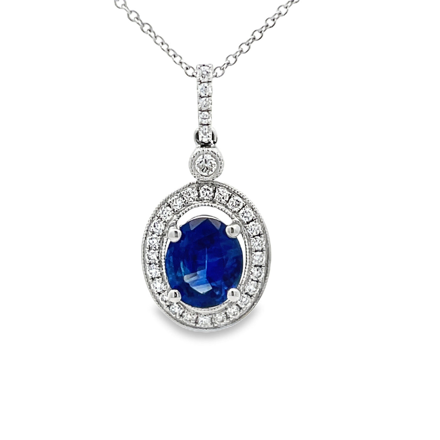 14k White Gold Oval Sapphire and Round Diamond Prong Set Halo Pendant and Chain (1.29ct.)