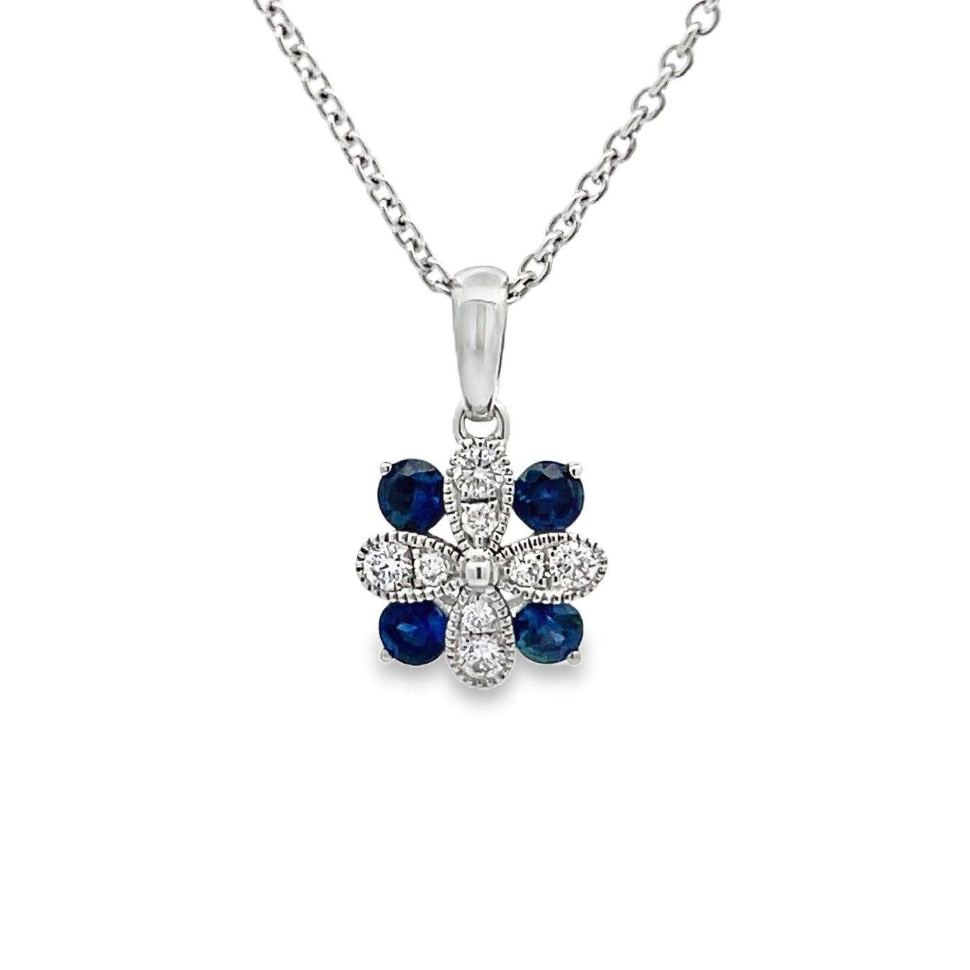 14k White Gold Round Sapphire and Diamond Flower Pendant (0.32ctw.)