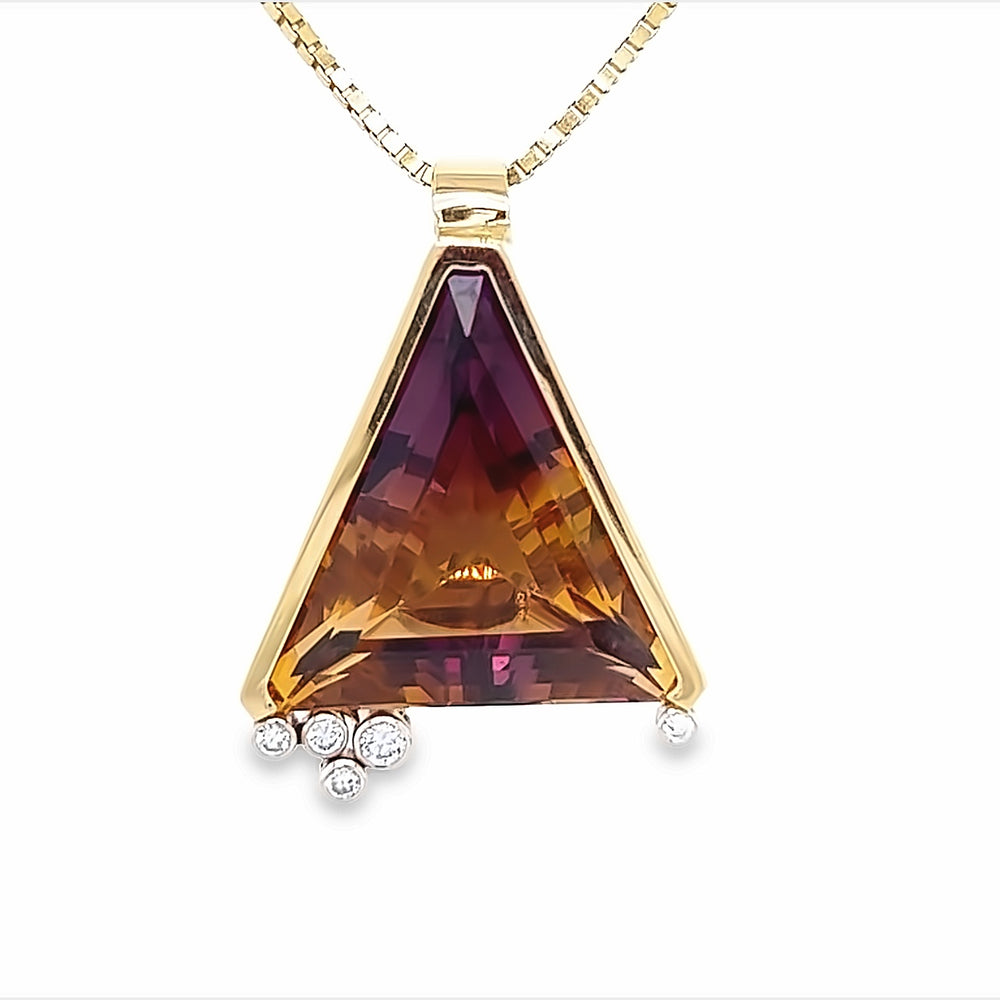 14k Yellow Gold Triangular Step Cut Ametrine and Diamond Pendant by Paul Richter