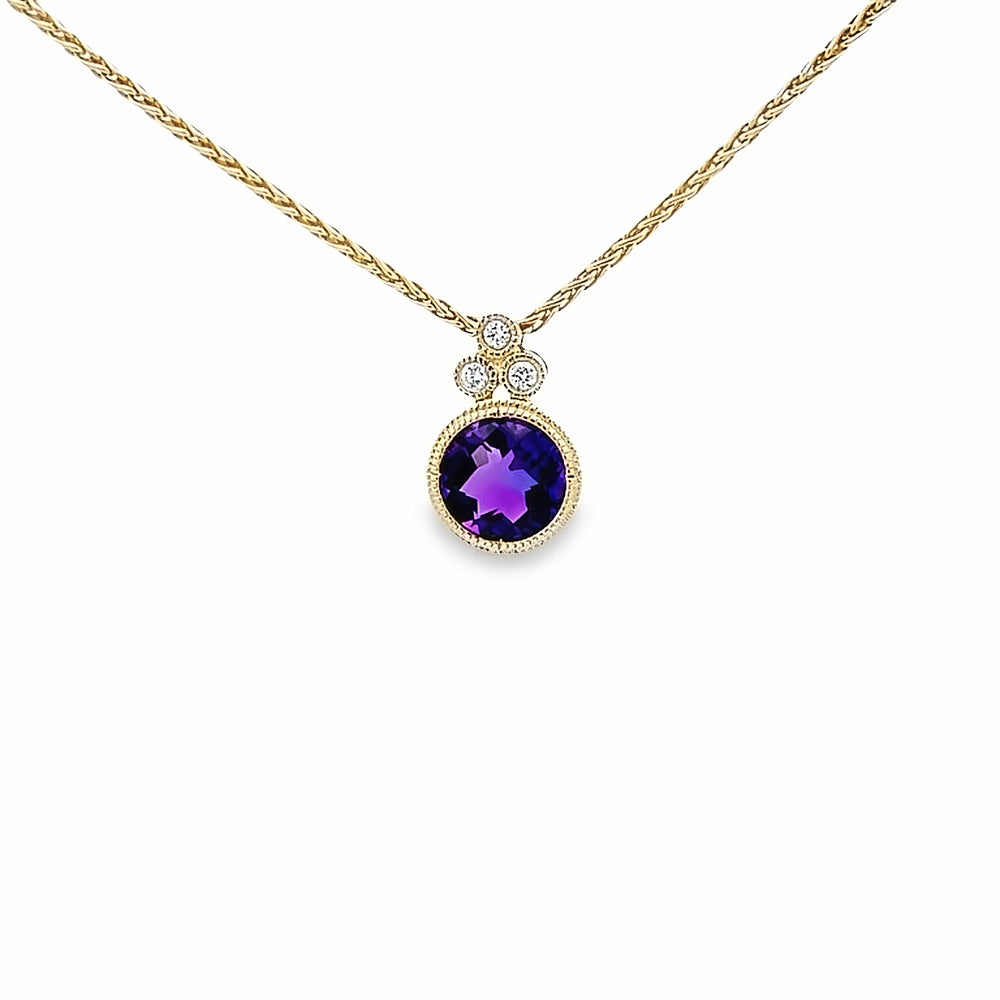 14k Yellow Gold Round Amethyst and Diamond Pendant (0.73ct.)