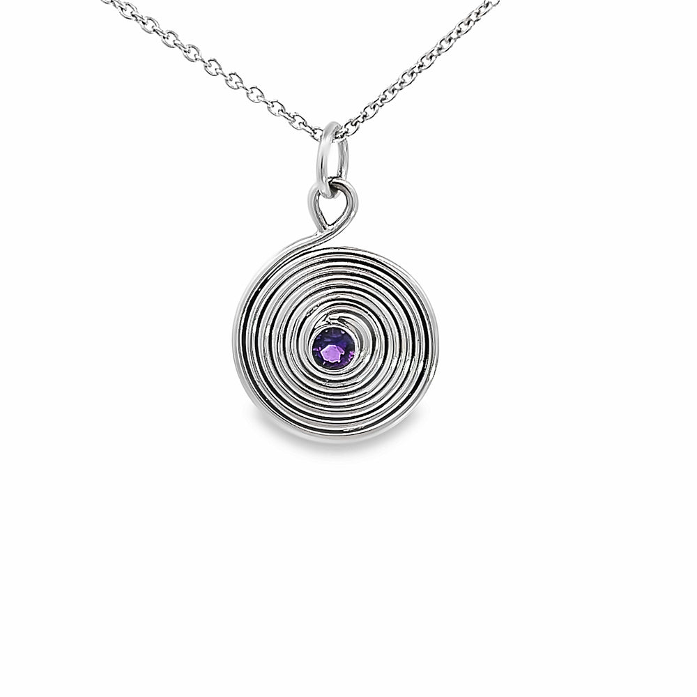 14k White Gold Round Amethyst Solar Pendant by Paul Richter (0.10ct.)