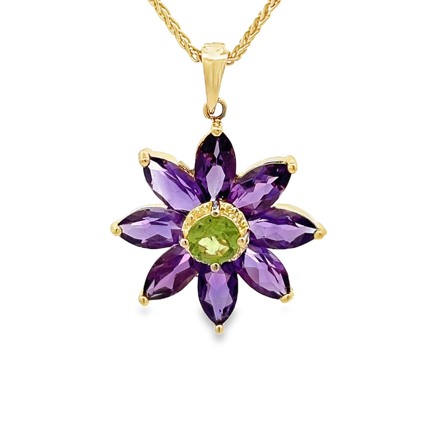 14k Yellow Gold Marquise Cut Amethyst and Round Peridot Flower Pendant (2.10ctw.)