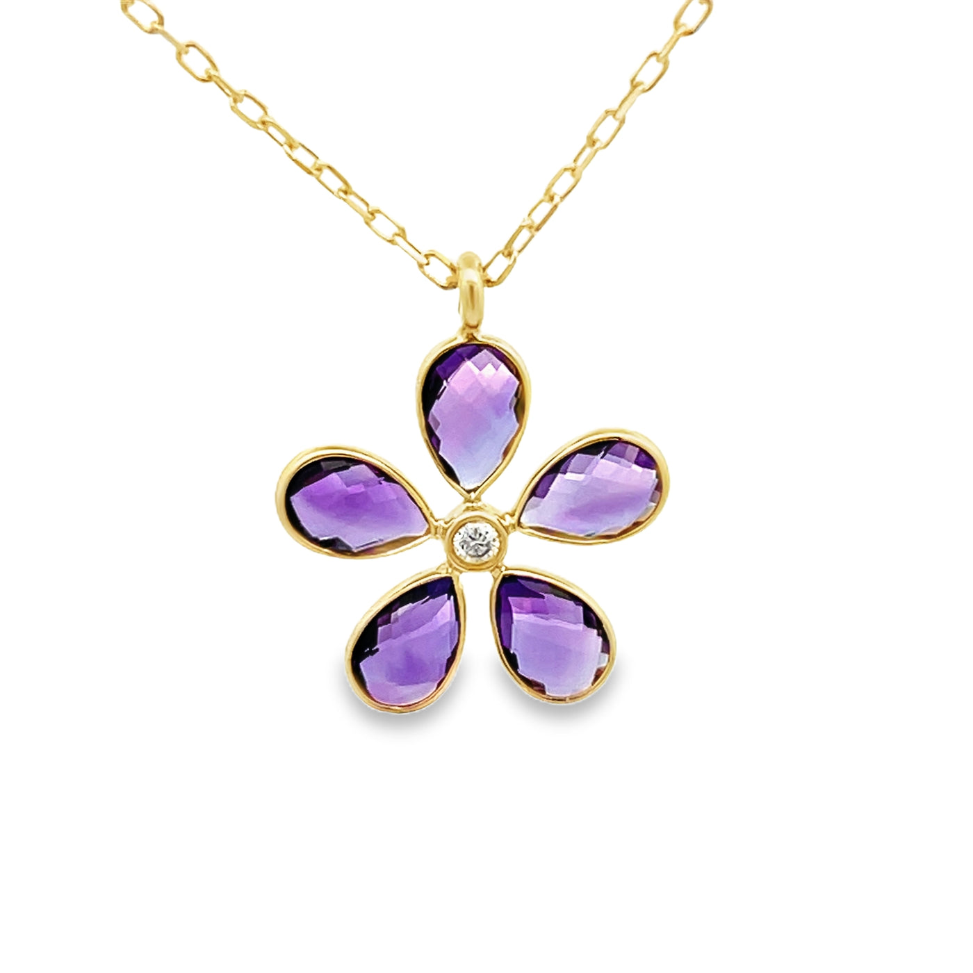 14k Yellow Gold Pear Shape Amethyst and Round Diamond Flower Bezel Set Pendant (6x4mm)