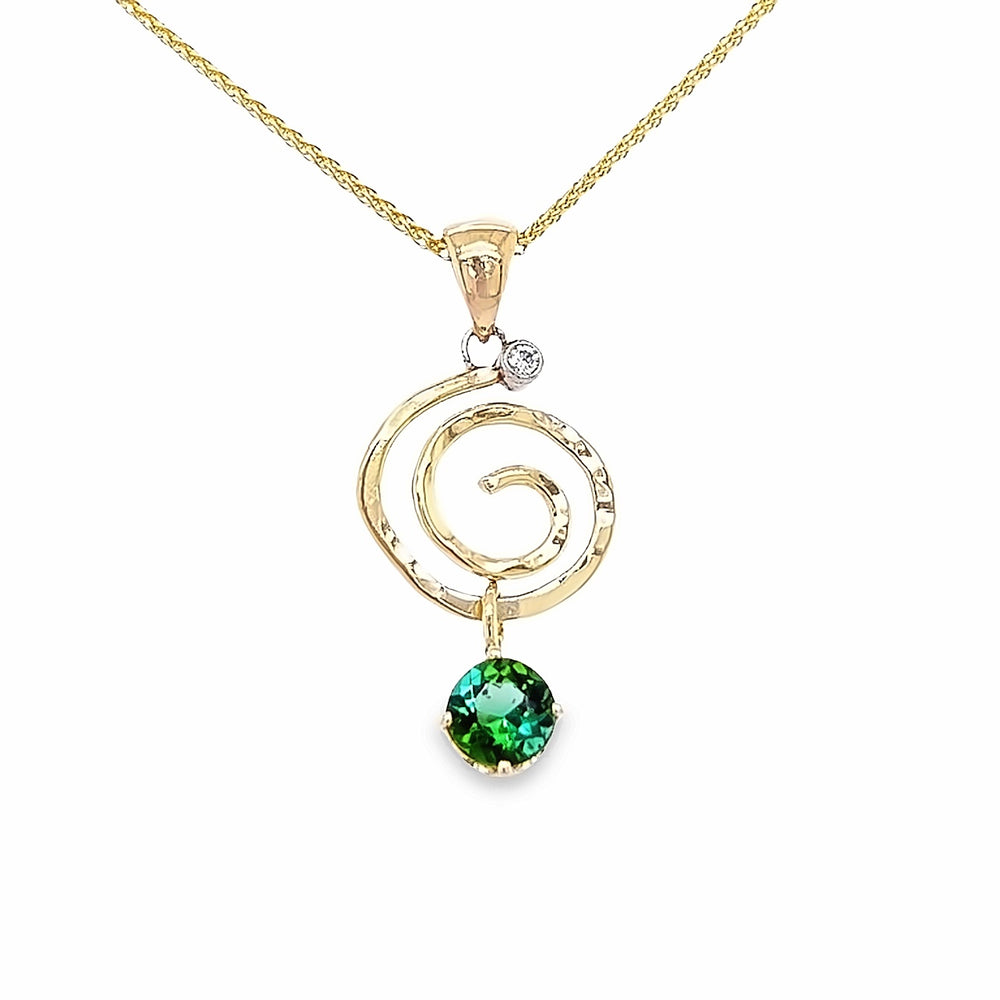 14k Yellow Gold Round Green Tourmaline and Diamond Spiral Pendant by Paul Richter (0.73ct.)