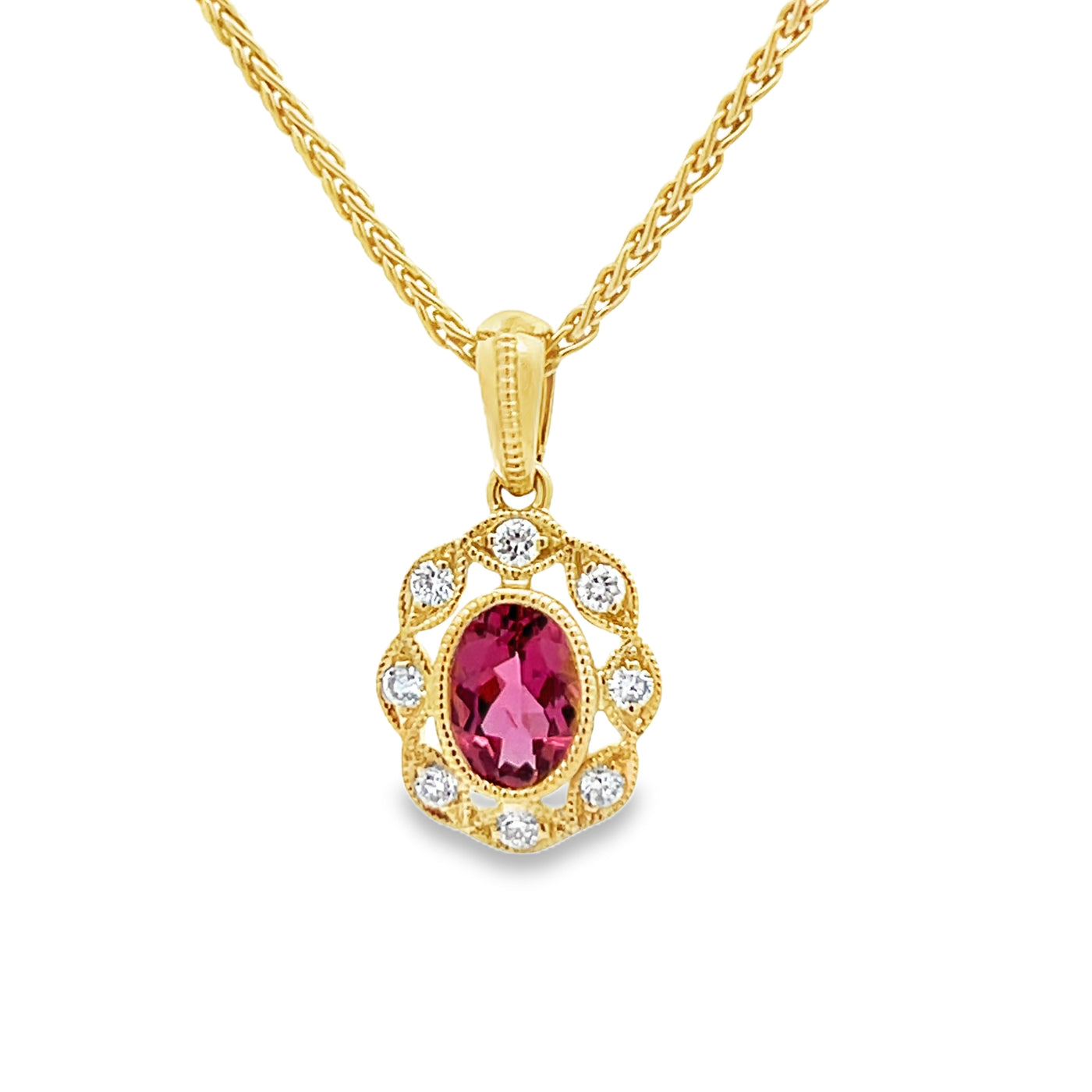 14k Yellow Gold Oval Pink Tourmaline and Round Diamond Halo Pendant (0.43ct.)