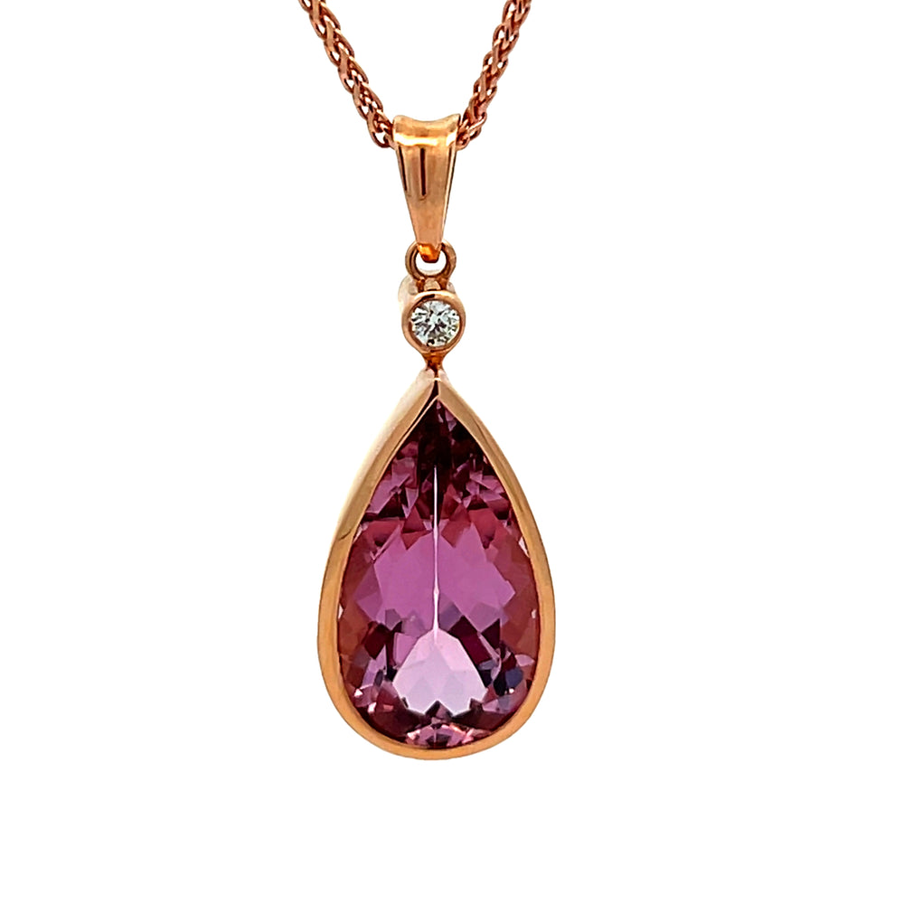 18k Rose Gold Pear Shape Pink Tourmaline and Round Diamond Bezel Set Pendant (6.47ct.)