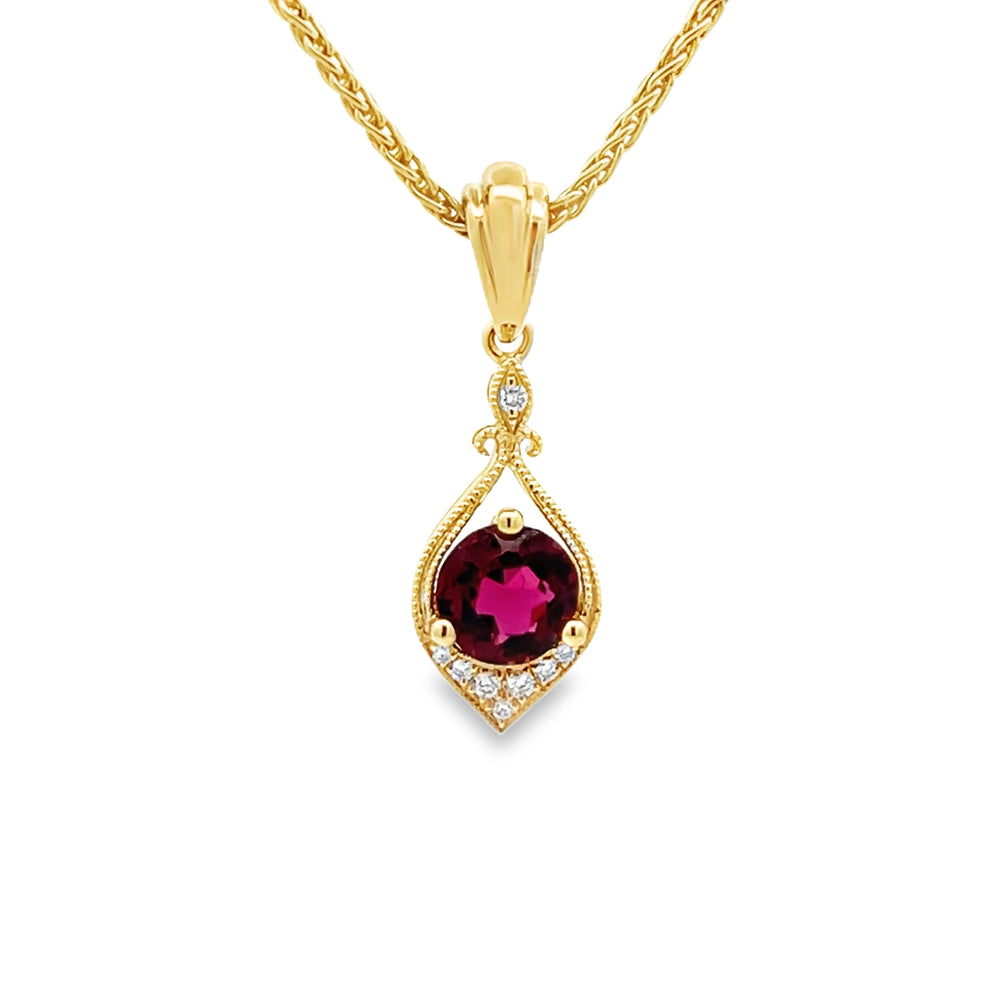 14k Yellow Gold Round Pink Tourmaline and Diamond Teardrop Pendant (0.52ct.)