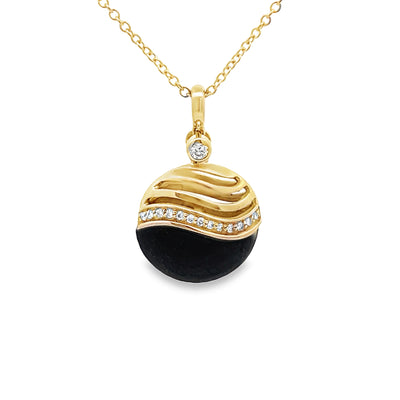 14k Yellow Gold Wave Matte Black Onyx and Round Diamond Pendant (0.08ctw.)