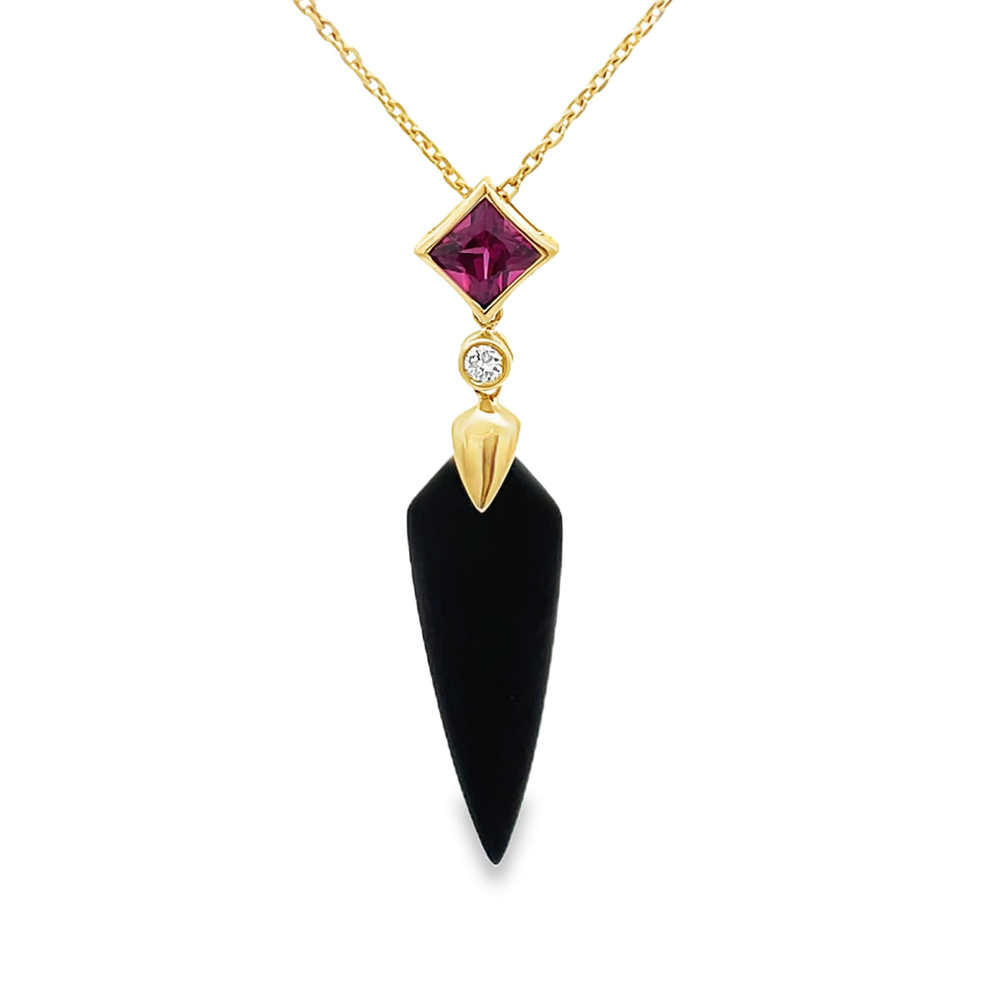 14k Yellow Gold Shield Matte Black Onyx, Garnet and Round Diamond Pendant (0.03ct.)