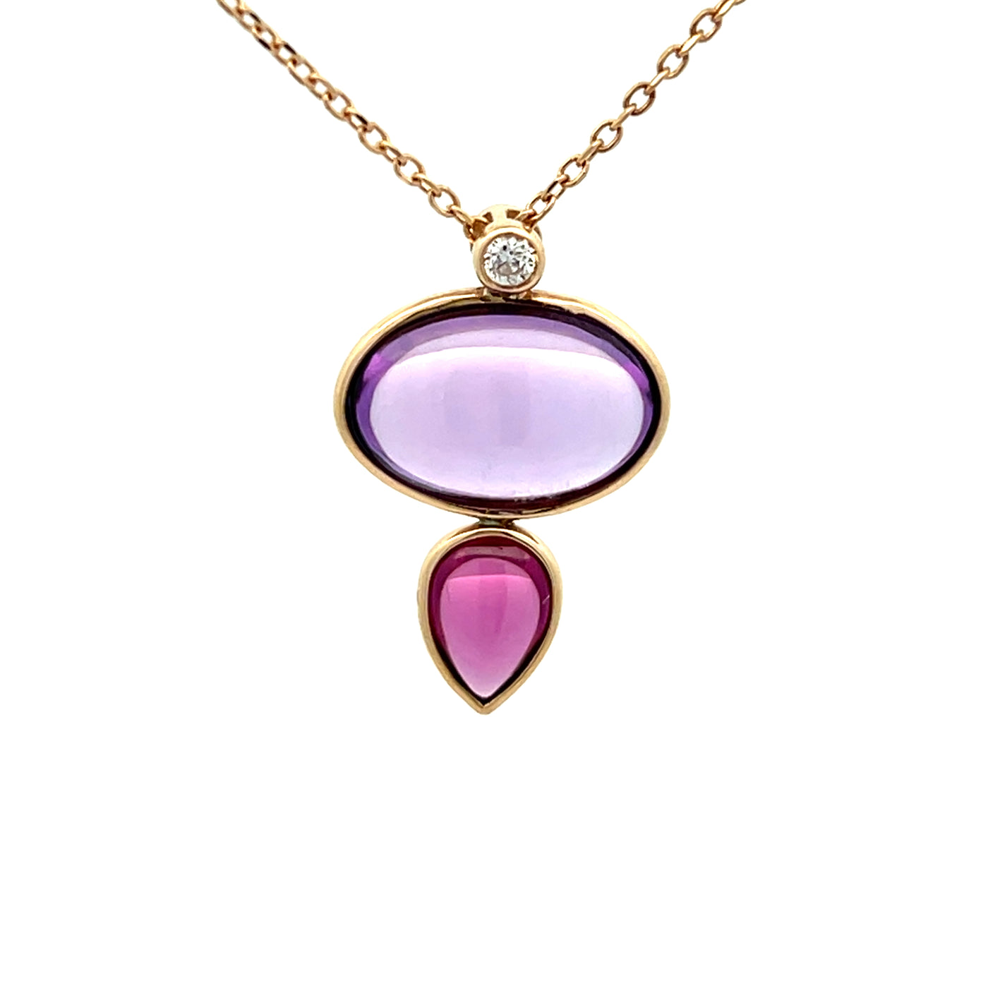 14k Yellow Gold Oval Amethyst and Pear Shape Garnet Bezel Set Pendant (12x8mm)