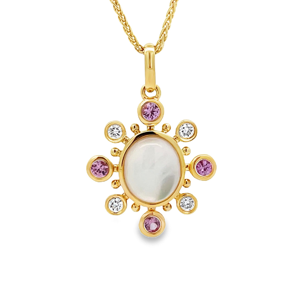 18k Yellow Gold Mother of Pearl and Pink Sapphire Bezel Set Halo Pendant (2.15ct.)