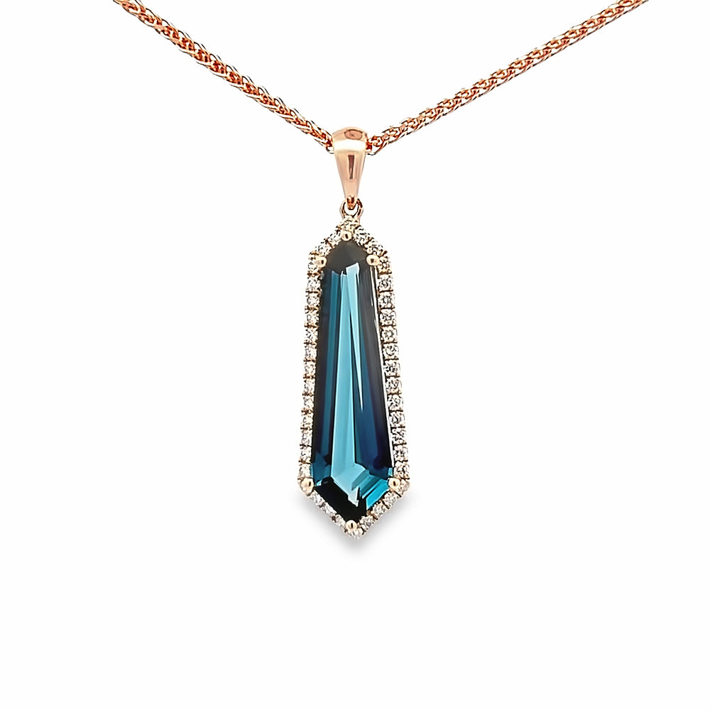 14k Rose Gold Shield Cut London Blue Topaz and Round Diamond Halo Pendant (2.85ct.)