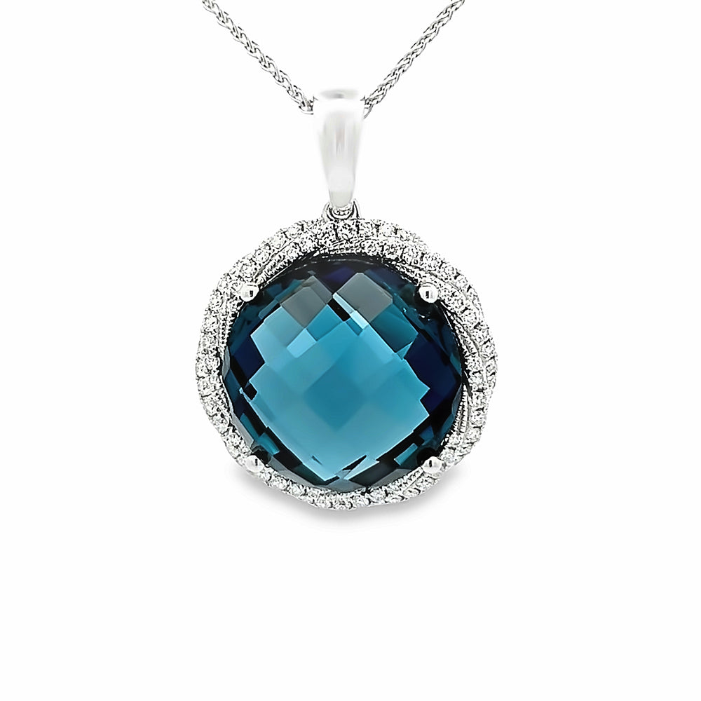 14k White Gold Round London Blue Topaz and Diamond Halo Pendant (16.85ct.)