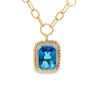 14k Yellow Gold Cushion Cut Blue Topaz and Diamond Necklace (8.10ct.)