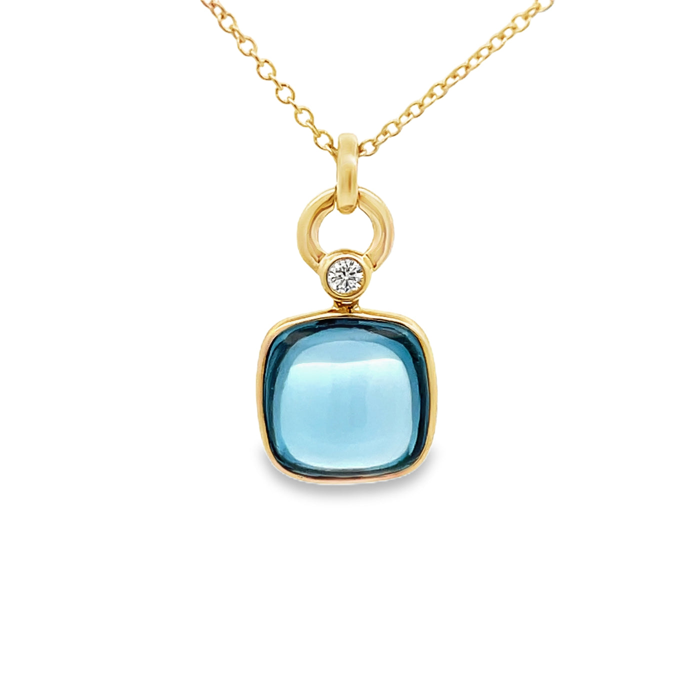 14k Yellow Gold Cushion London Blue Topaz and Round Diamond Bezel Set Pendant (10mm)