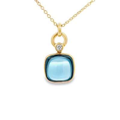 14k Yellow Gold Cushion London Blue Topaz and Round Diamond Bezel Set Pendant (10mm)