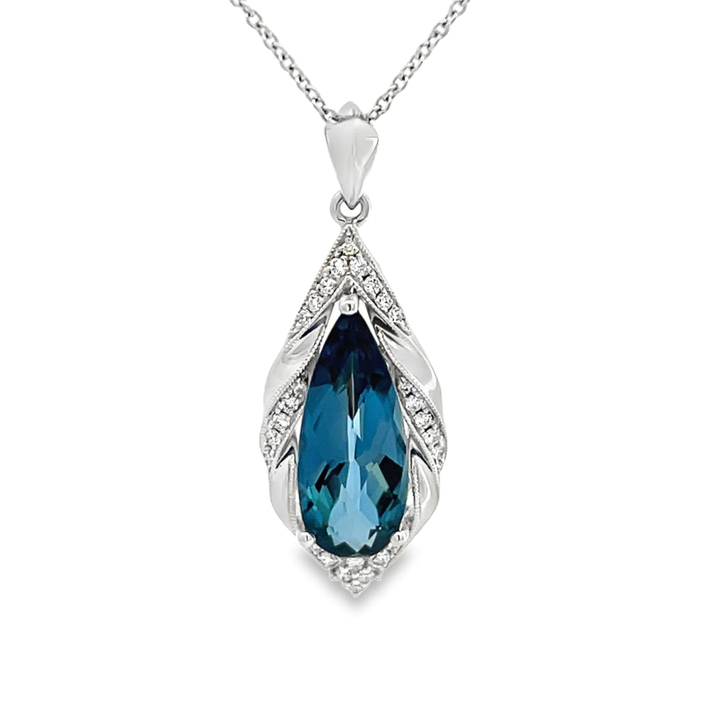 14k White Gold Pear Shape London Blue Topaz and Round Diamond Halo Pendant (4.57ct.)