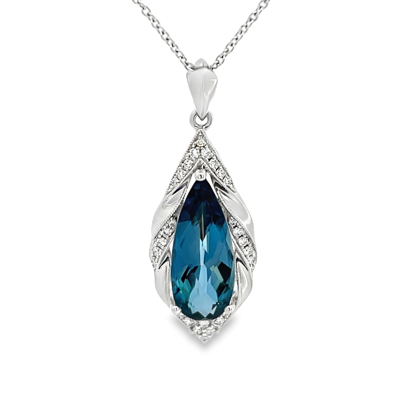 14k White Gold Pear Shape London Blue Topaz and Round Diamond Halo Pendant (4.57ct.)