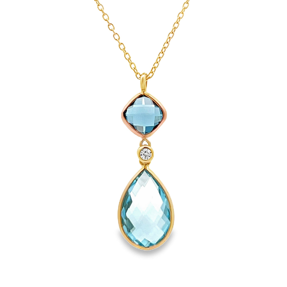 14k Yellow Gold Briolette Blue Topaz and Round Diamond Bezel Set Drop Pendant