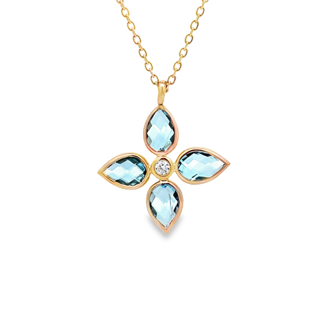 14k Yellow Gold Pear Shape Blue Topaz and Round Diamond Bezel Set Flower Pendant