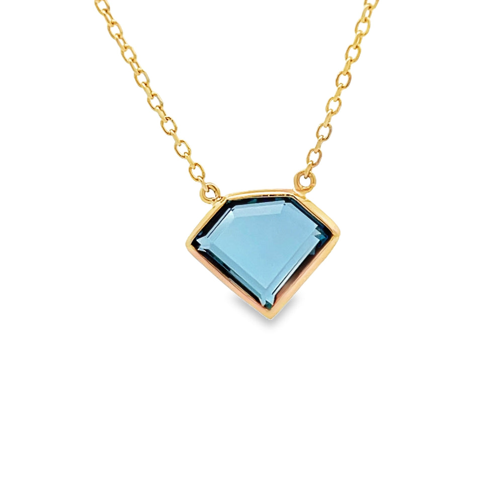 14k Yellow Gold Diamond Shaped Blue Topaz Bezel Set Pendant