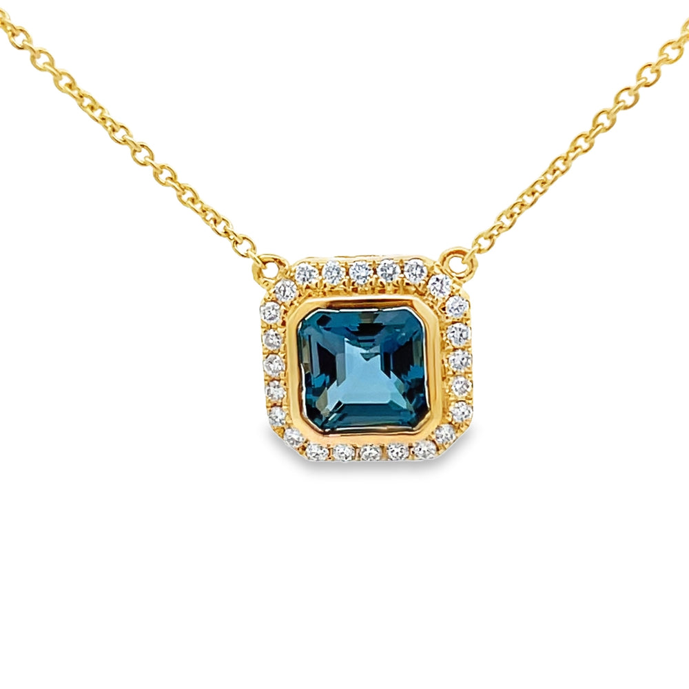 18k Yellow Gold Square Blue Topaz and Diamond Halo Pendant (1.13ct.)