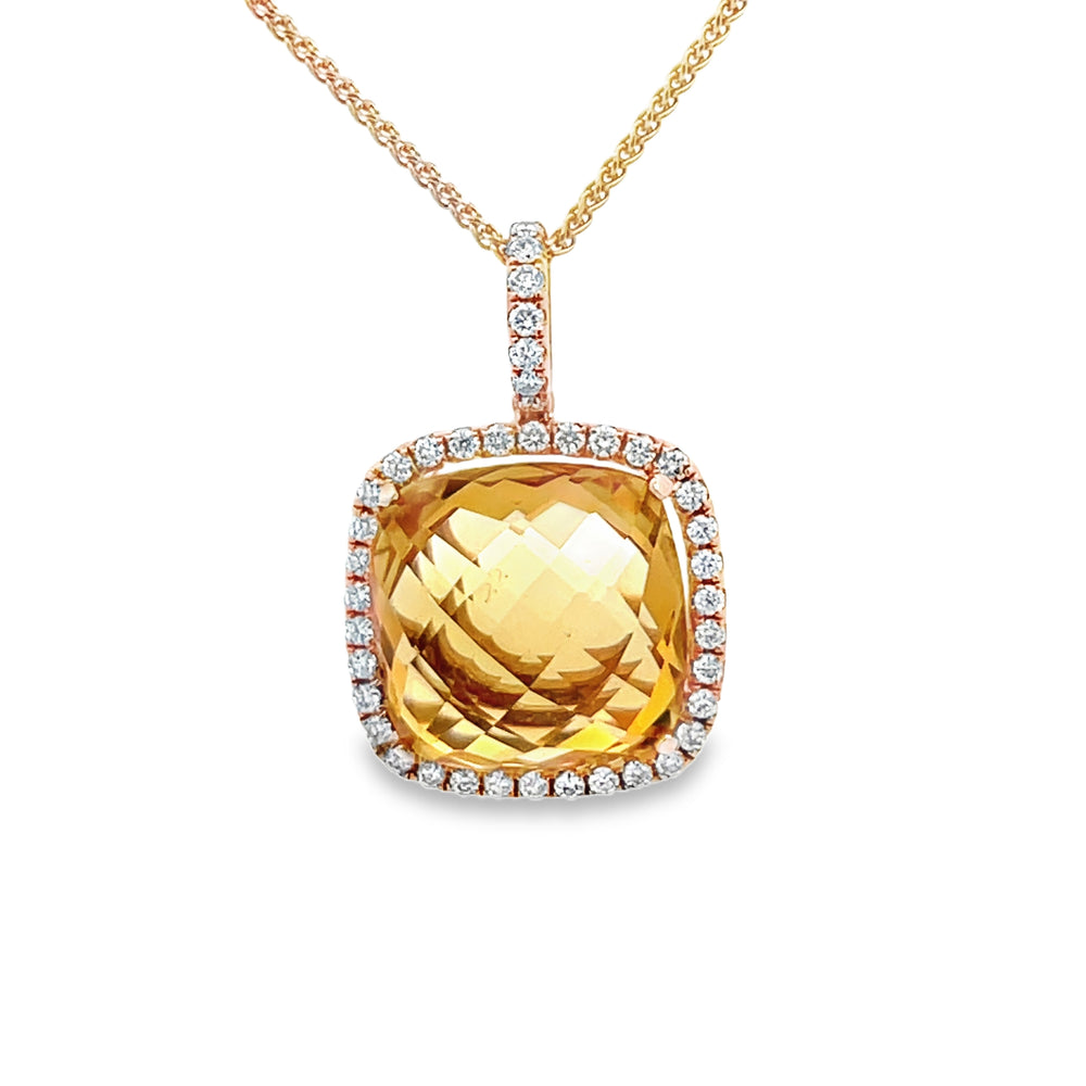 14k Rose Gold Cushion Cut Citrine and Round Diamond Halo Pendant (12.23ct.)